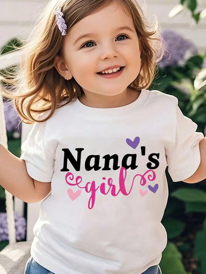 Baby Girls Short Sleeve Tee With Heart Letter Print, Sweet Family Theme, Simple Solid Top For Casual Outdoor Wear.