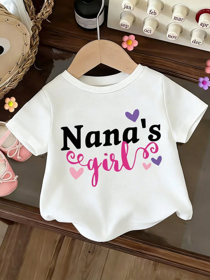 Baby Girls Short Sleeve Tee With Heart Letter Print, Sweet Family Theme, Simple Solid Top For Casual Outdoor Wear.