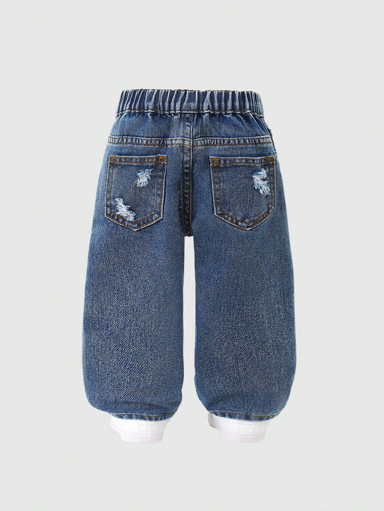 Baby Girls Slanted Waist Distressed Denim Tapered Pants, Little Girl Casual Y2k Fashion Blue Comfortable Denim Fabric, Elastic Waistband Summer,Soft