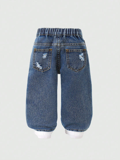 Baby Girls Slanted Waist Distressed Denim Tapered Pants, Little Girl Casual Y2k Fashion Blue Comfortable Denim Fabric, Elastic Waistband Summer,Soft