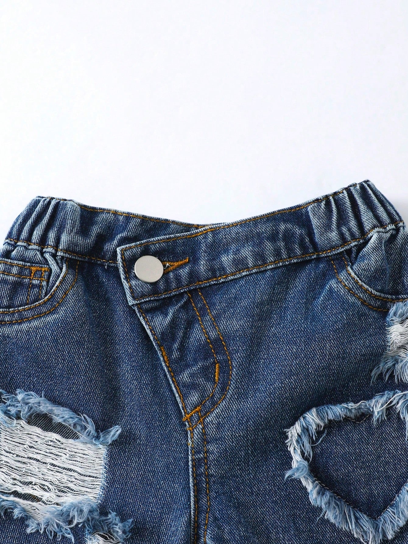 Baby Girls Slanted Waist Distressed Denim Tapered Pants, Little Girl Casual Y2k Fashion Blue Comfortable Denim Fabric, Elastic Waistband Summer,Soft
