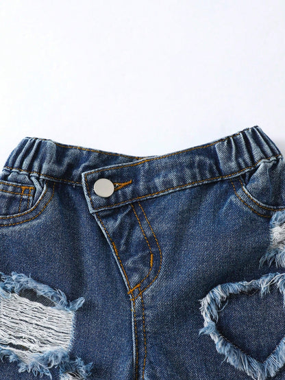 Baby Girls Slanted Waist Distressed Denim Tapered Pants, Little Girl Casual Y2k Fashion Blue Comfortable Denim Fabric, Elastic Waistband Summer,Soft