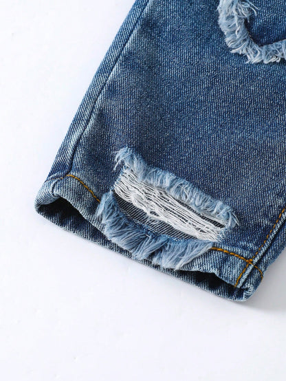 Baby Girls Slanted Waist Distressed Denim Tapered Pants, Little Girl Casual Y2k Fashion Blue Comfortable Denim Fabric, Elastic Waistband Summer,Soft