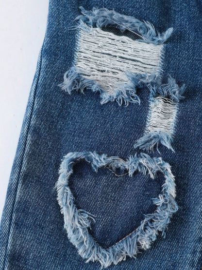 Baby Girls Slanted Waist Distressed Denim Tapered Pants, Little Girl Casual Y2k Fashion Blue Comfortable Denim Fabric, Elastic Waistband Summer,Soft