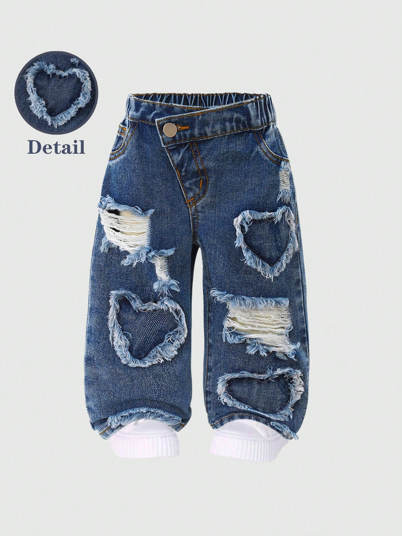 Baby Girls Slanted Waist Distressed Denim Tapered Pants, Little Girl Casual Y2k Fashion Blue Comfortable Denim Fabric, Elastic Waistband Summer,Soft
