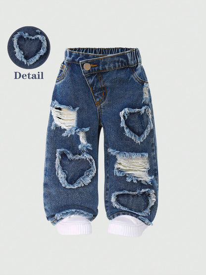 Baby Girls Slanted Waist Distressed Denim Tapered Pants, Little Girl Casual Y2k Fashion Blue Comfortable Denim Fabric, Elastic Waistband Summer,Soft