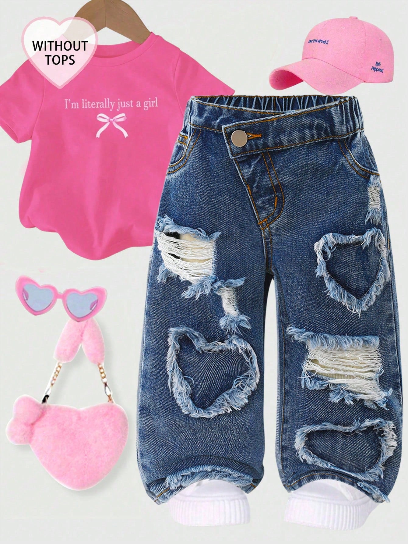 Baby Girls Slanted Waist Distressed Denim Tapered Pants, Little Girl Casual Y2k Fashion Blue Comfortable Denim Fabric, Elastic Waistband Summer,Soft