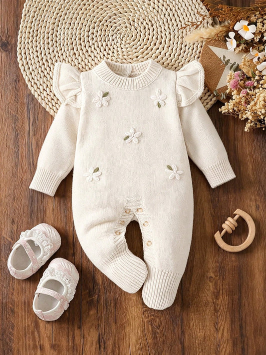 Baby Girls Sweater Onesies, Infant Toddler Pullover Round Neck Knitted Long Sleeve Sweater Romper With Socks And Footies, Comfortable For Autumn/Winter, Ruffle Cuffs, Cute Playful Stylish Fashio