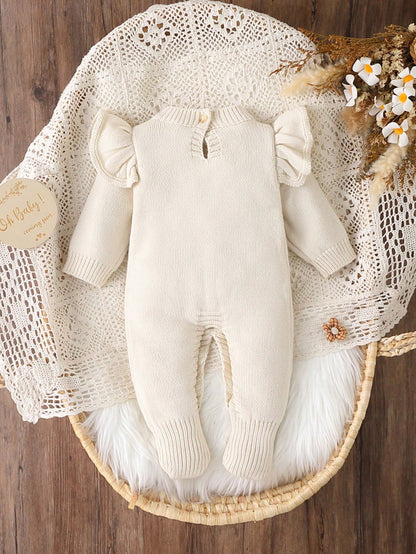 Baby Girls Sweater Onesies, Infant Toddler Pullover Round Neck Knitted Long Sleeve Sweater Romper With Socks And Footies, Comfortable For Autumn/Winter, Ruffle Cuffs, Cute Playful Stylish Fashio