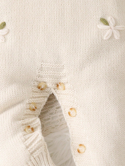 Baby Girls Sweater Onesies, Infant Toddler Pullover Round Neck Knitted Long Sleeve Sweater Romper With Socks And Footies, Comfortable For Autumn/Winter, Ruffle Cuffs, Cute Playful Stylish Fashio