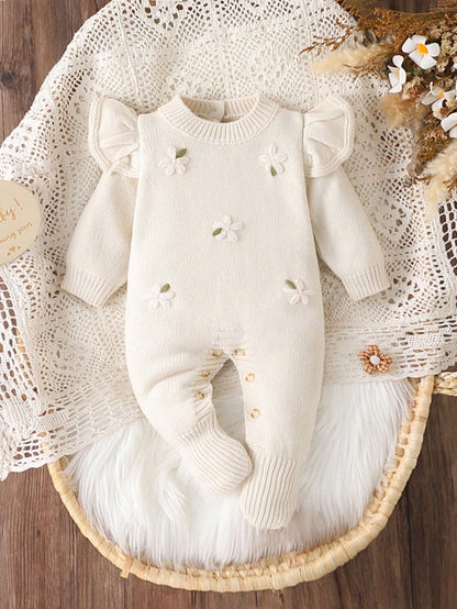 Baby Girls Sweater Onesies, Infant Toddler Pullover Round Neck Knitted Long Sleeve Sweater Romper With Socks And Footies, Comfortable For Autumn/Winter, Ruffle Cuffs, Cute Playful Stylish Fashio