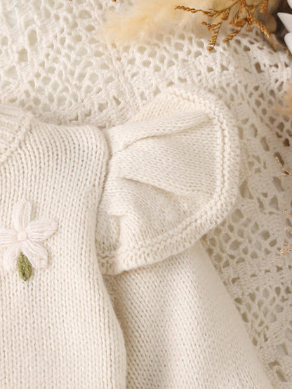 Baby Girls Sweater Onesies, Infant Toddler Pullover Round Neck Knitted Long Sleeve Sweater Romper With Socks And Footies, Comfortable For Autumn/Winter, Ruffle Cuffs, Cute Playful Stylish Fashio