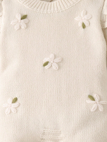 Baby Girls Sweater Onesies, Infant Toddler Pullover Round Neck Knitted Long Sleeve Sweater Romper With Socks And Footies, Comfortable For Autumn/Winter, Ruffle Cuffs, Cute Playful Stylish Fashio
