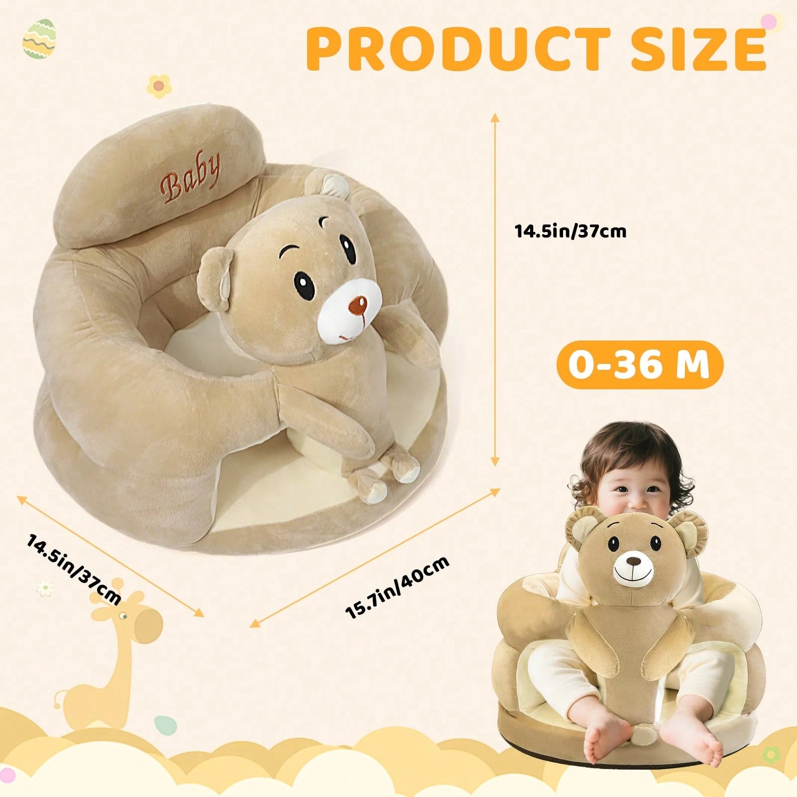 Baby Seat For 3-12 Months-Infant Sitting Support Chair With Cute Bear & Elephant Design, Soft Baby Sofa Floor Seat For Learning To Sit