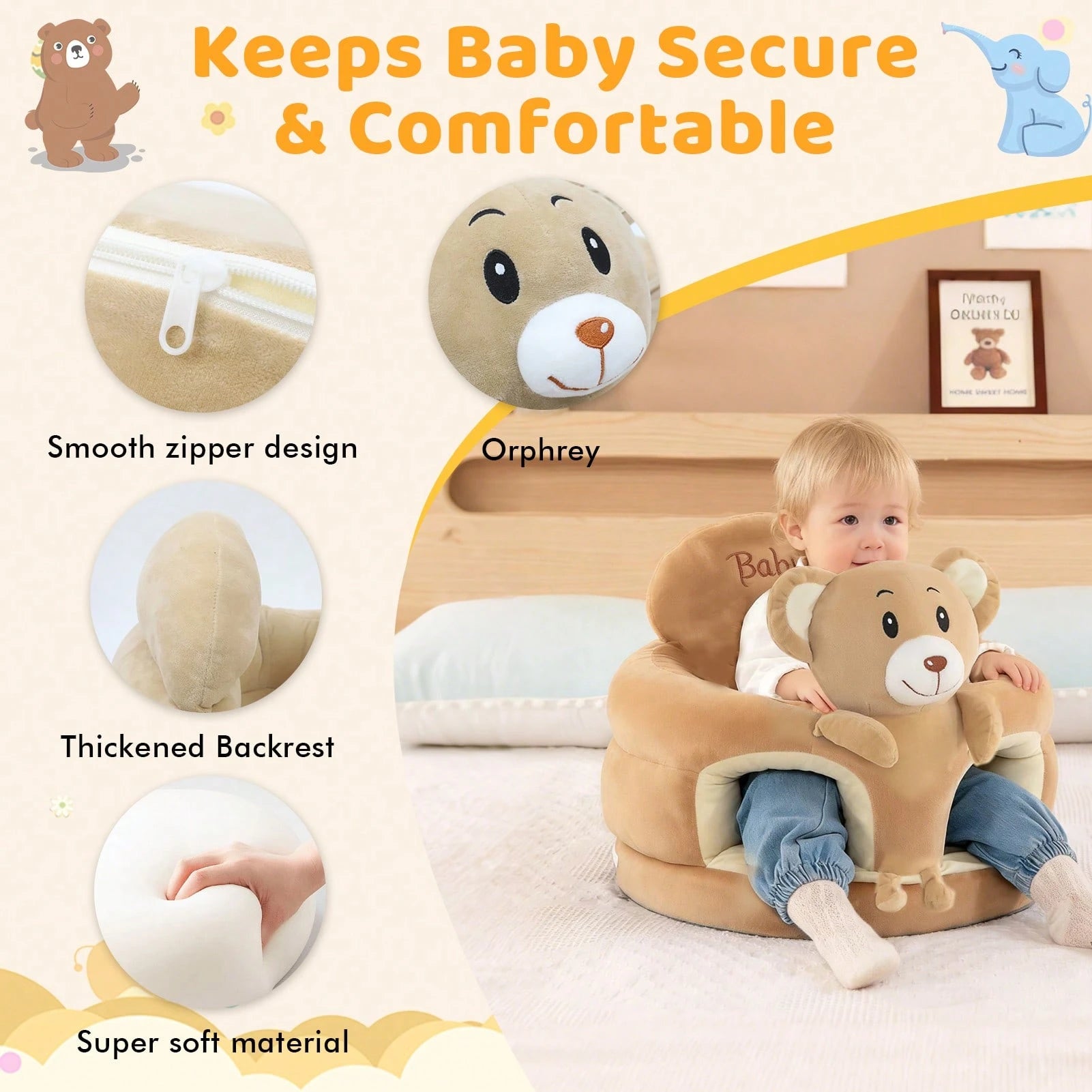 Baby Seat For 3-12 Months-Infant Sitting Support Chair With Cute Bear & Elephant Design, Soft Baby Sofa Floor Seat For Learning To Sit
