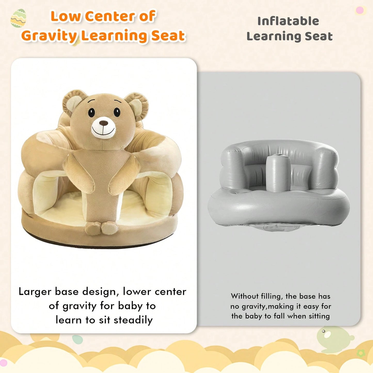 Baby Seat For 3-12 Months-Infant Sitting Support Chair With Cute Bear & Elephant Design, Soft Baby Sofa Floor Seat For Learning To Sit
