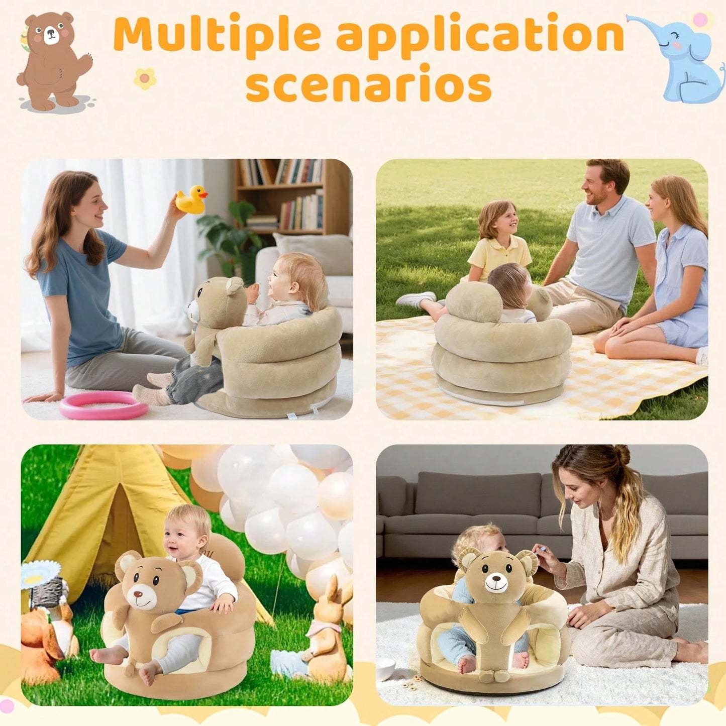 Baby Seat For 3-12 Months-Infant Sitting Support Chair With Cute Bear & Elephant Design, Soft Baby Sofa Floor Seat For Learning To Sit