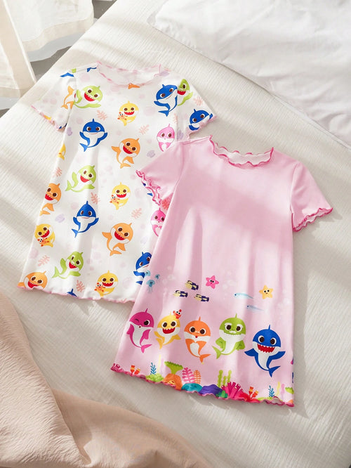 BABY SHARK X 2pcs/Set Cute Style Baby Girl Homewear, Round Neck Short Sleeve Comfortable Nightgown Dress, Multi-Piece Set
