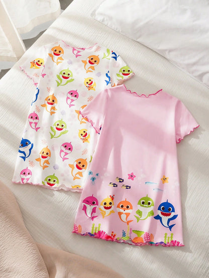 BABY SHARK X 2pcs/Set Cute Style Baby Girl Homewear, Round Neck Short Sleeve Comfortable Nightgown Dress, Multi-Piece Set