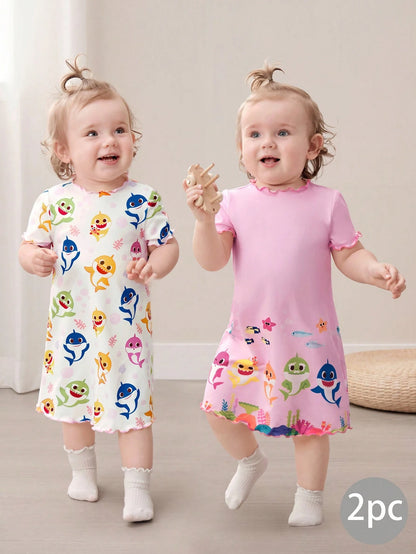 BABY SHARK X 2pcs/Set Cute Style Baby Girl Homewear, Round Neck Short Sleeve Comfortable Nightgown Dress, Multi-Piece Set