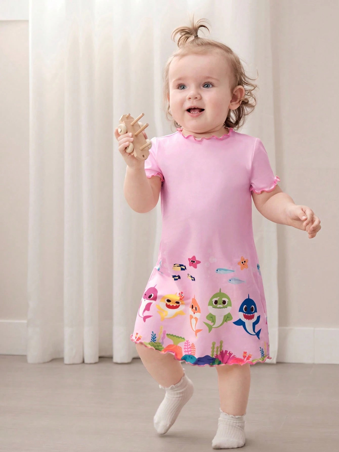 BABY SHARK X 2pcs/Set Cute Style Baby Girl Homewear, Round Neck Short Sleeve Comfortable Nightgown Dress, Multi-Piece Set