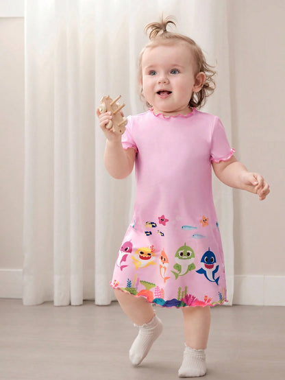 BABY SHARK X 2pcs/Set Cute Style Baby Girl Homewear, Round Neck Short Sleeve Comfortable Nightgown Dress, Multi-Piece Set