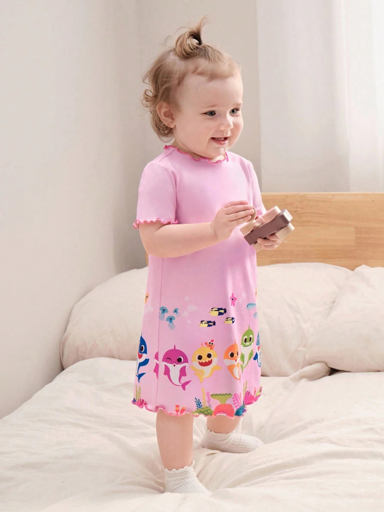 BABY SHARK X 2pcs/Set Cute Style Baby Girl Homewear, Round Neck Short Sleeve Comfortable Nightgown Dress, Multi-Piece Set