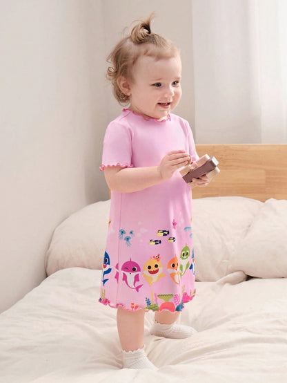 BABY SHARK X 2pcs/Set Cute Style Baby Girl Homewear, Round Neck Short Sleeve Comfortable Nightgown Dress, Multi-Piece Set