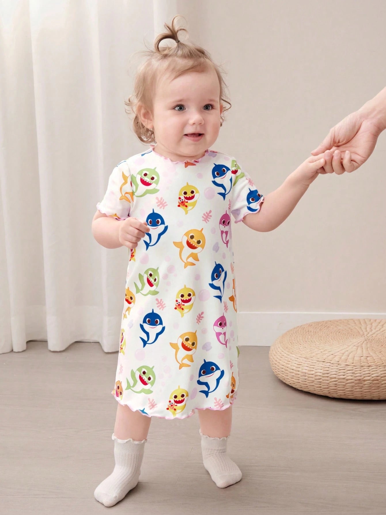 BABY SHARK X 2pcs/Set Cute Style Baby Girl Homewear, Round Neck Short Sleeve Comfortable Nightgown Dress, Multi-Piece Set