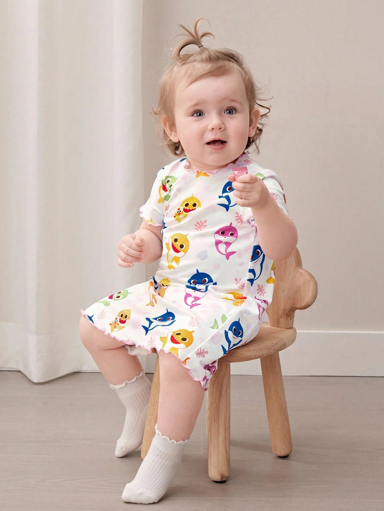 BABY SHARK X 2pcs/Set Cute Style Baby Girl Homewear, Round Neck Short Sleeve Comfortable Nightgown Dress, Multi-Piece Set