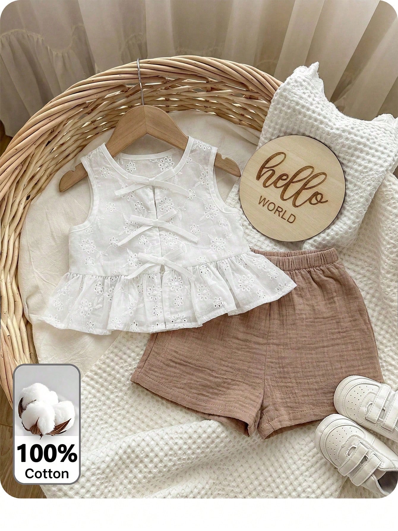 Babygirl Casual Vacation Cute Versatile White Floral Embroidery Camisole And Elastic Waist Shorts Set