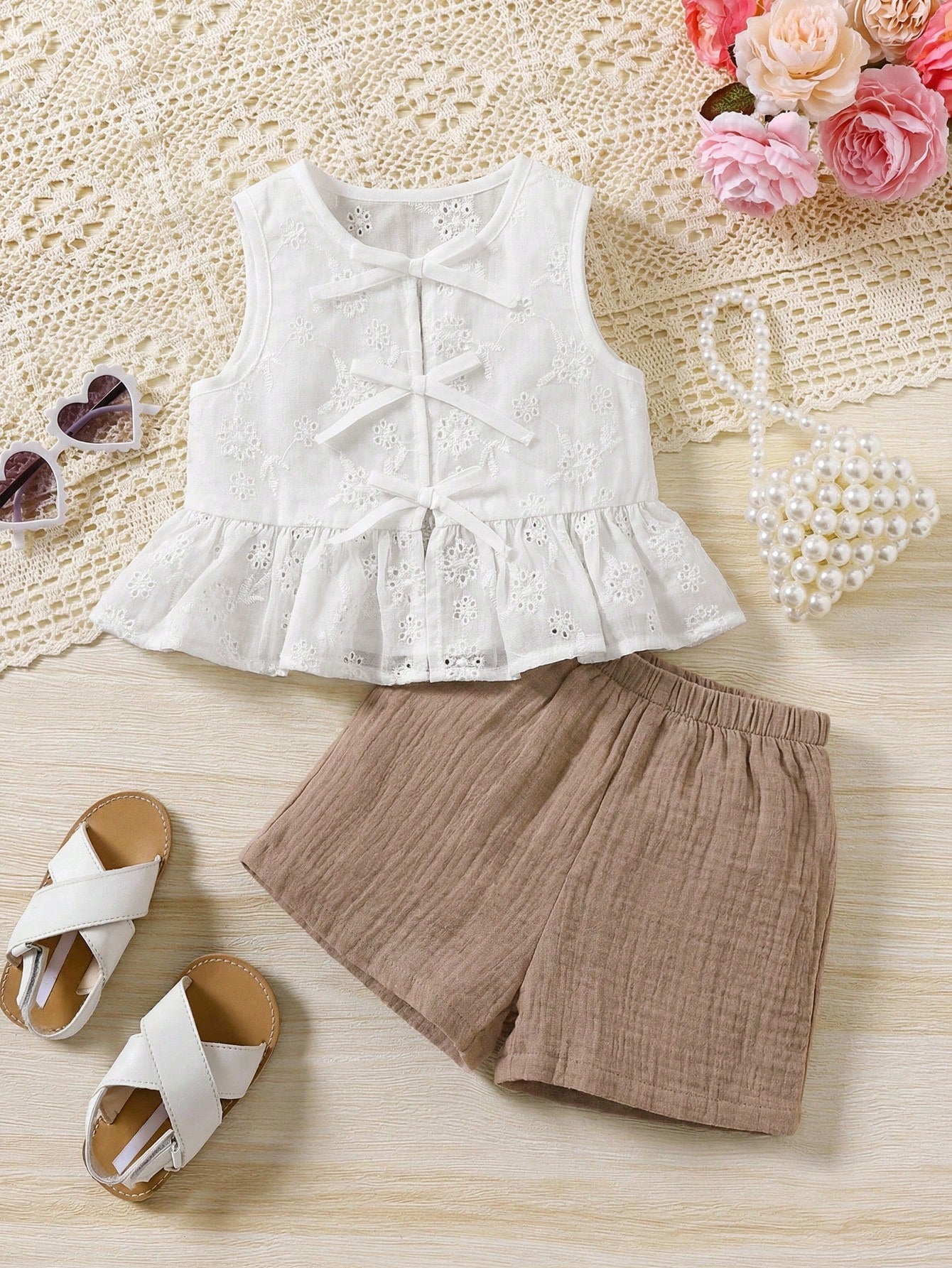 Babygirl Casual Vacation Cute Versatile White Floral Embroidery Camisole And Elastic Waist Shorts Set