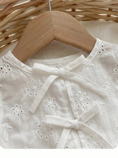 Babygirl Casual Vacation Cute Versatile White Floral Embroidery Camisole And Elastic Waist Shorts Set