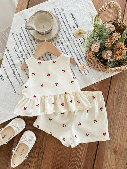 Babygirl Casual Vacation Cute Versatile White Floral Embroidery Camisole And Elastic Waist Shorts Set