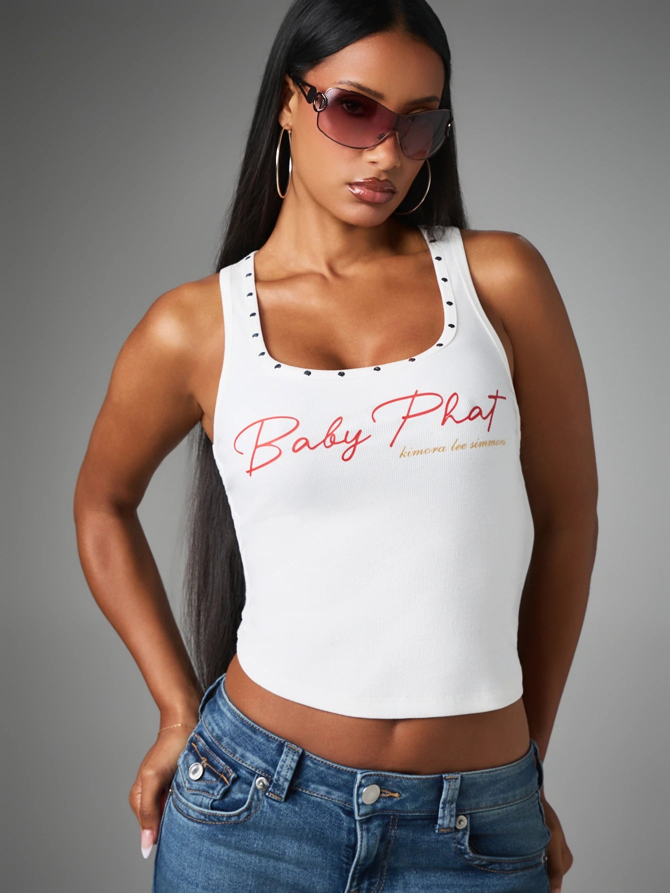 BABYPHAT Ribbed Crop Tank Top With Stud Detail Neckline And Script Logo Print, Fourth Of July