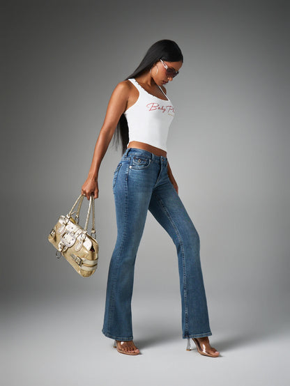 BABYPHAT Ribbed Crop Tank Top With Stud Detail Neckline And Script Logo Print, Fourth Of July