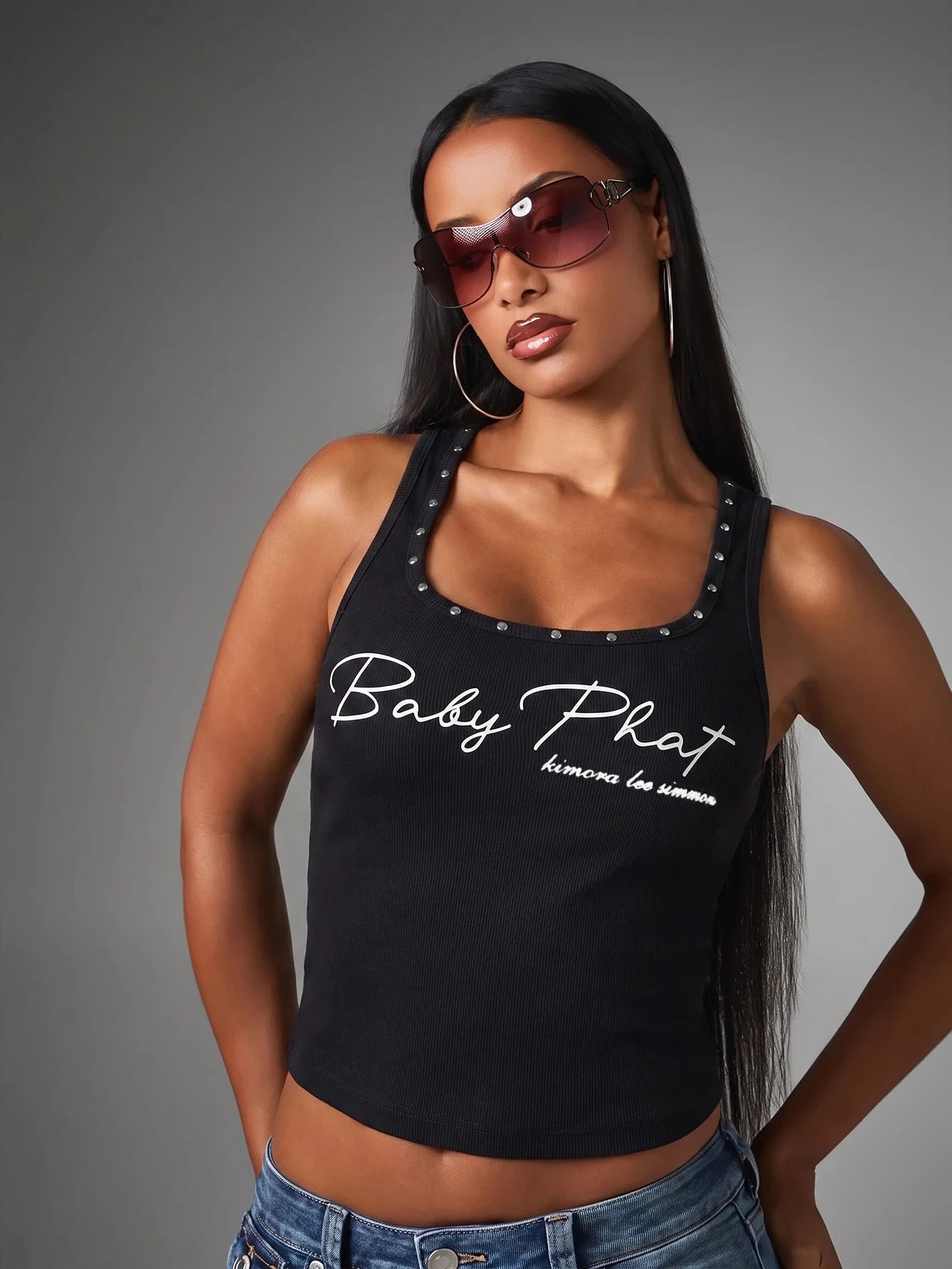 BABYPHAT Ribbed Crop Tank Top With Stud Detail Neckline And Script Logo Print, Fourth Of July