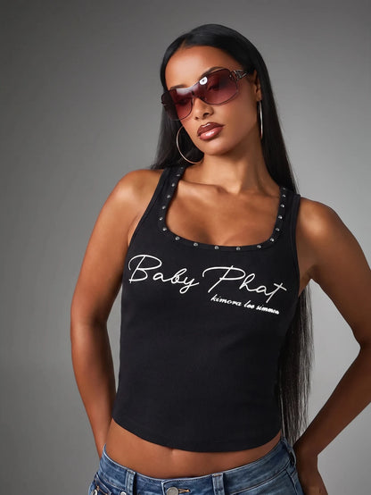 BABYPHAT Ribbed Crop Tank Top With Stud Detail Neckline And Script Logo Print, Fourth Of July