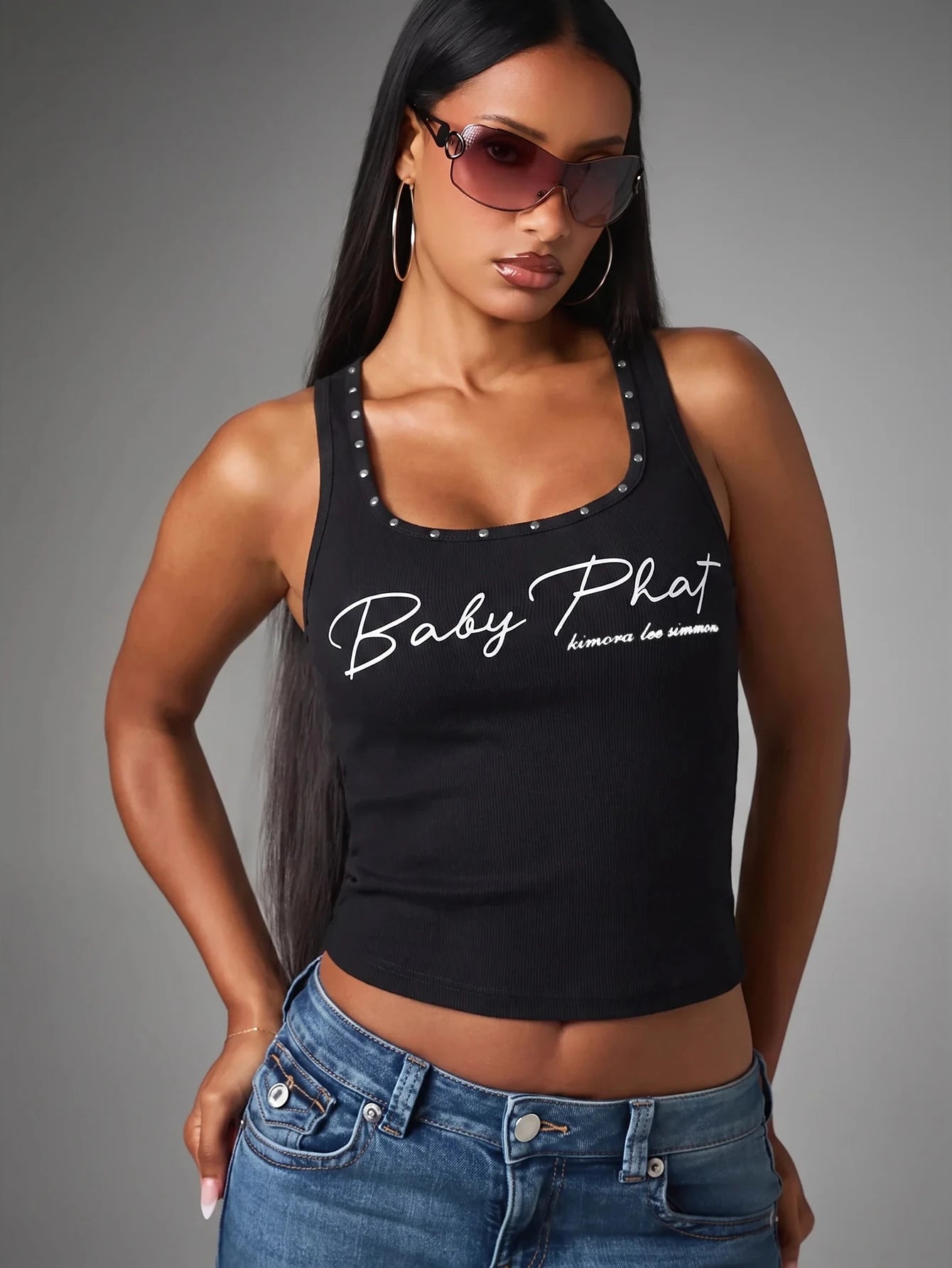 BABYPHAT Ribbed Crop Tank Top With Stud Detail Neckline And Script Logo Print, Fourth Of July