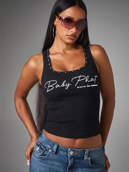 BABYPHAT Ribbed Crop Tank Top With Stud Detail Neckline And Script Logo Print, Fourth Of July