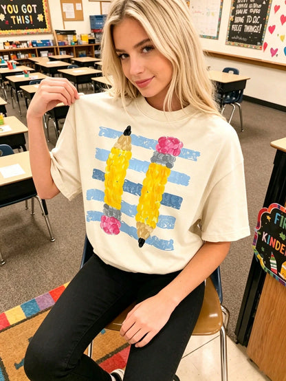 Back To School Teacher Shirt Retro Pencil Graphic Tee Cute Alphabet Classroom Top Kindergarten Teacher Gift Prek Preschool Educator Clothes