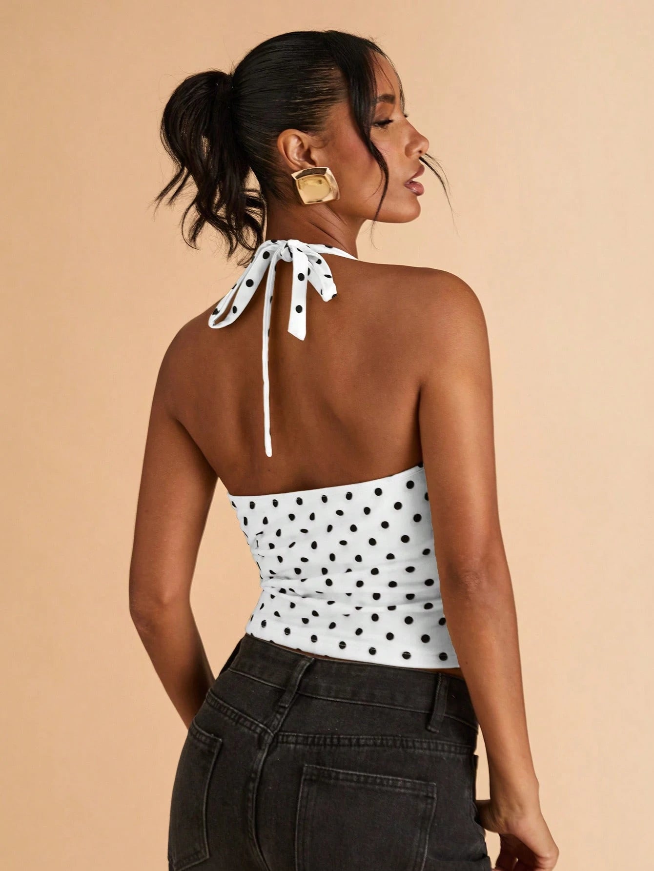 BAE Black Polka Dot Print Casual Halter Neck Top, Suitable For Brunch, Street Wear, Date, Commute, Cruise, Ibiza