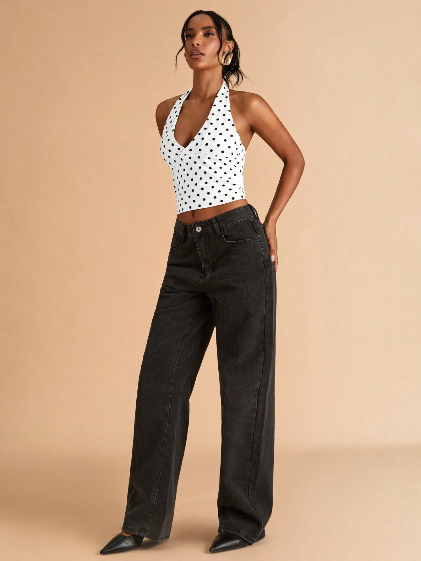 BAE Black Polka Dot Print Casual Halter Neck Top, Suitable For Brunch, Street Wear, Date, Commute, Cruise, Ibiza