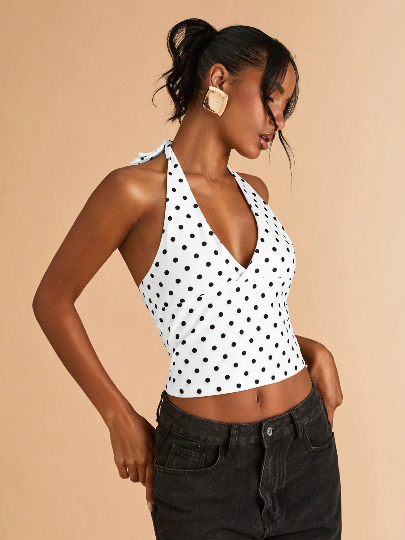 BAE Black Polka Dot Print Casual Halter Neck Top, Suitable For Brunch, Street Wear, Date, Commute, Cruise, Ibiza