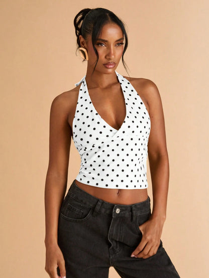 BAE Black Polka Dot Print Casual Halter Neck Top, Suitable For Brunch, Street Wear, Date, Commute, Cruise, Ibiza