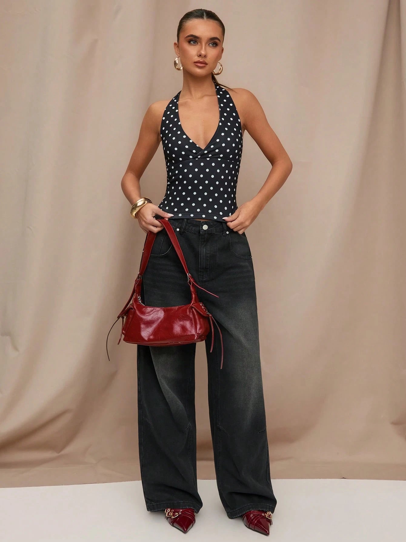 BAE Black Polka Dot Print Casual Halter Neck Top, Suitable For Brunch, Street Wear, Date, Commute, Cruise, Ibiza