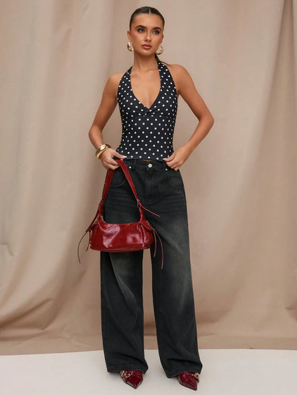 BAE Black Polka Dot Print Casual Halter Neck Top, Suitable For Brunch, Street Wear, Date, Commute, Cruise, Ibiza