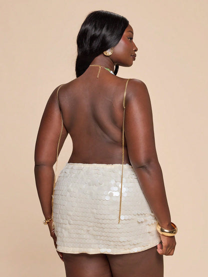 BAE Plus Size Sexy Olive Green Beaded Crystal Embellished Sheer Cropped Halter Top, Suitable For Beach, Bali Holiday, Party, Sexy Top Halloween Summer