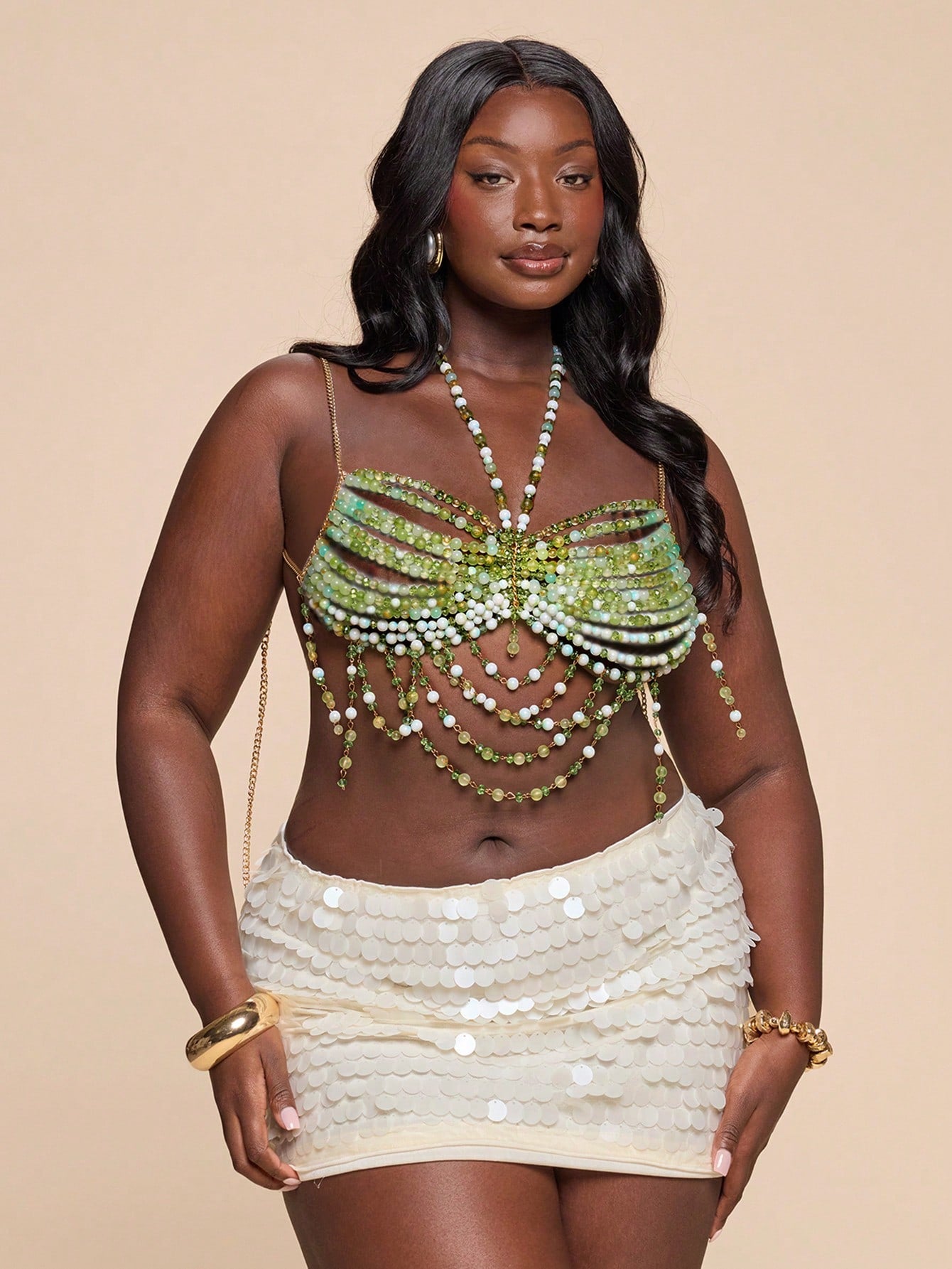 BAE Plus Size Sexy Olive Green Beaded Crystal Embellished Sheer Cropped Halter Top, Suitable For Beach, Bali Holiday, Party, Sexy Top Halloween Summer