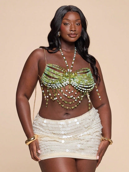 BAE Plus Size Sexy Olive Green Beaded Crystal Embellished Sheer Cropped Halter Top, Suitable For Beach, Bali Holiday, Party, Sexy Top Halloween Summer